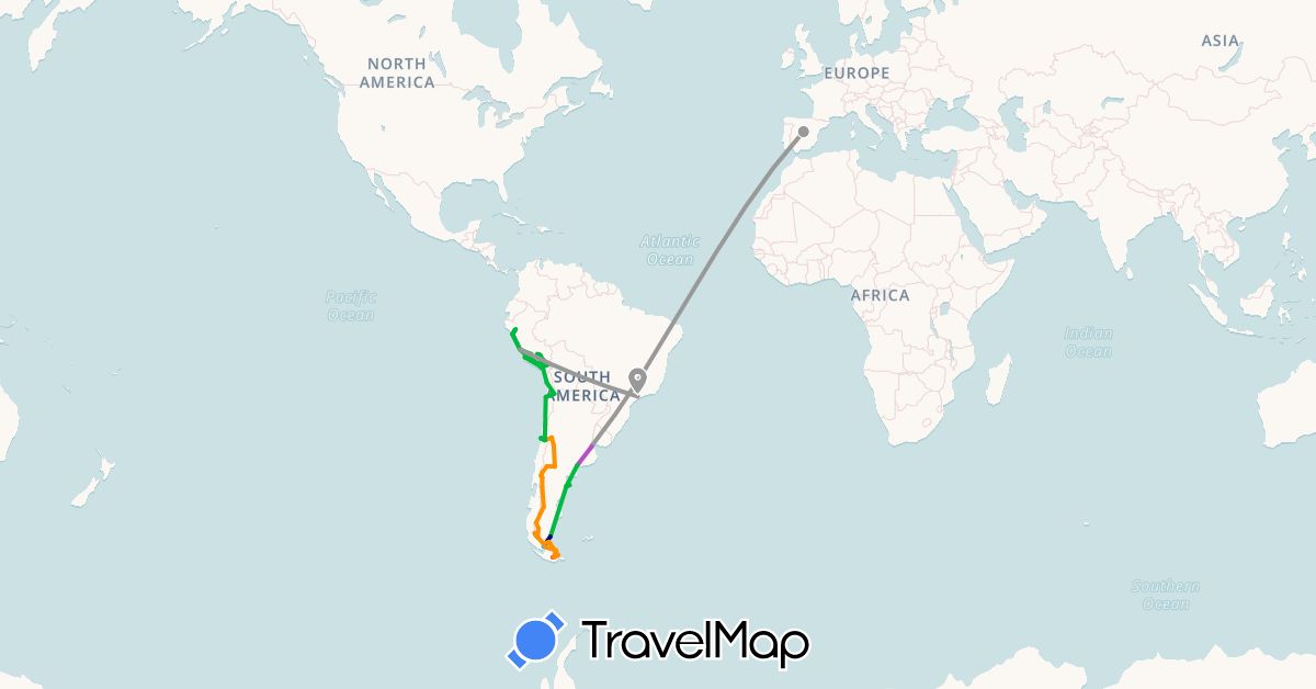 TravelMap itinerary: driving, bus, plane, train, hiking, boat, hitchhiking in Argentina, Brazil, Chile, Spain, Peru (Europe, South America)
